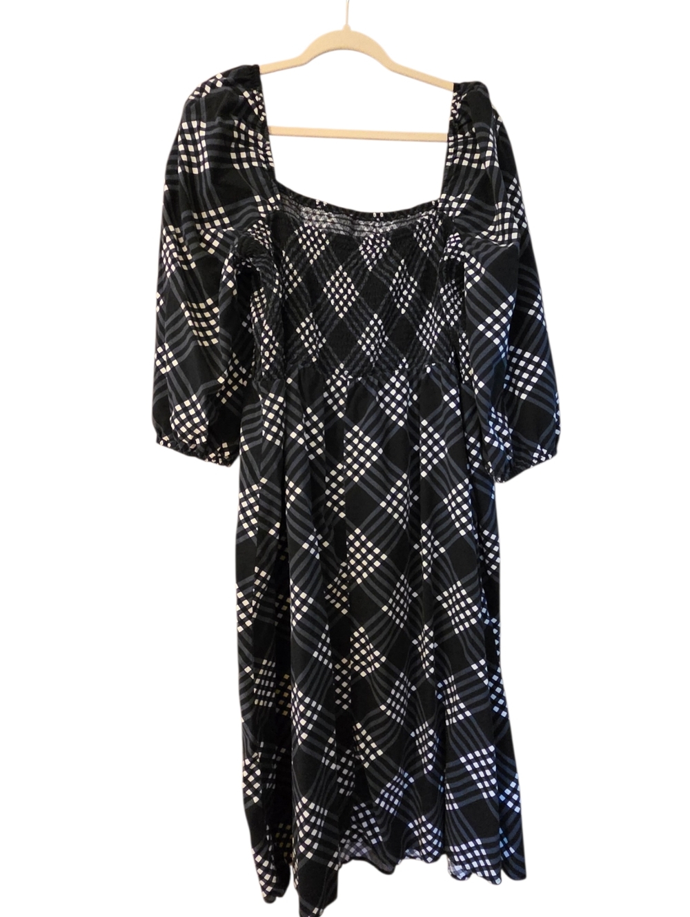 Time & Tru Black Gray White Diamond Plaid Square NeckMidi Dress Plus Size XXXL